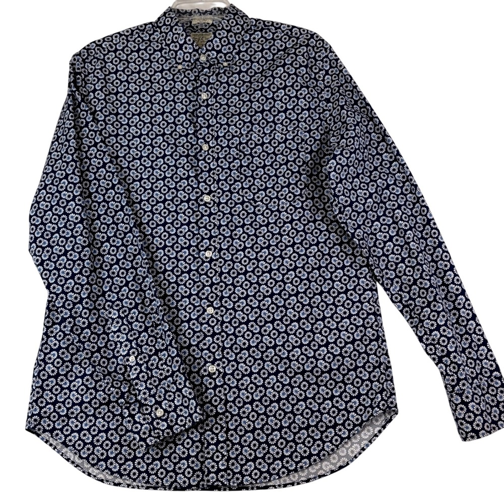 J.Crew M Navy Blue Floral Blouse Secret Wash Stretch Button Down Preppy Boho